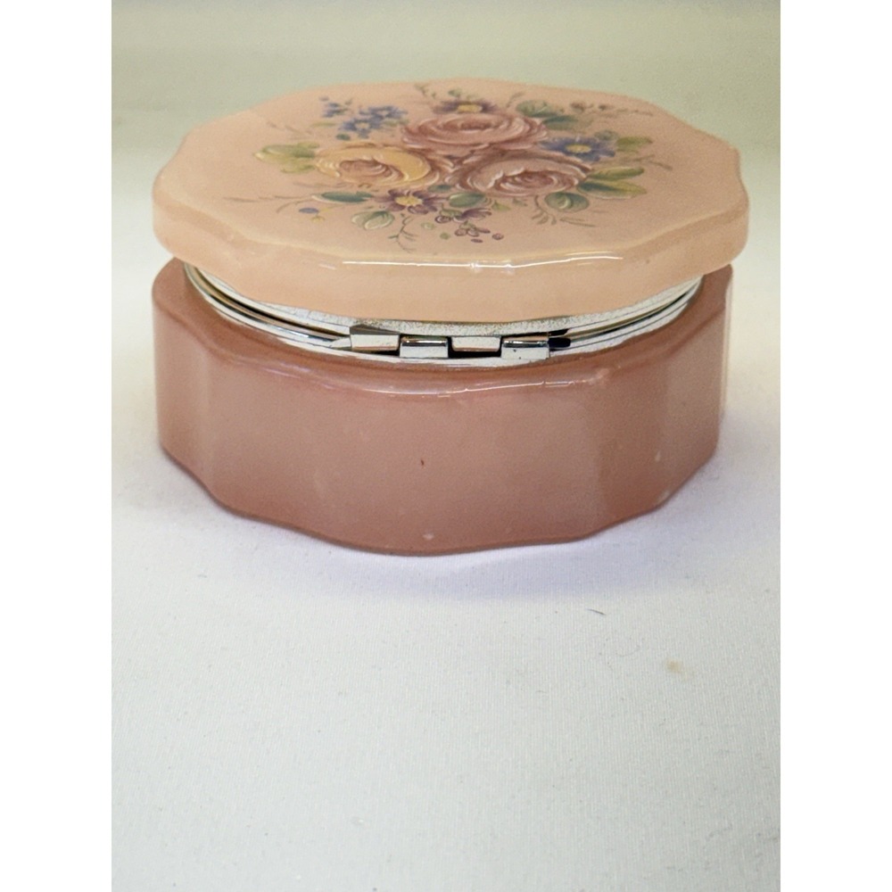 Vintage Pink Alabaster Stone Hinged Trinket Jewelry Box With Flowers Italy - Picture 7 of 9